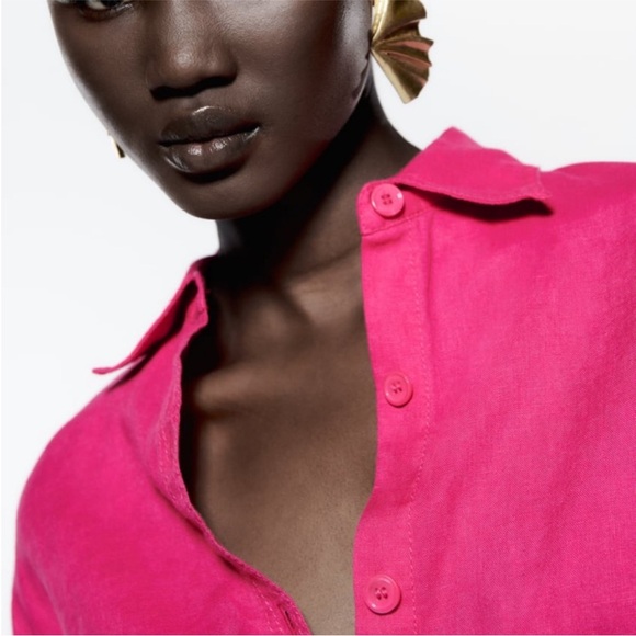 Zara Magenta Fuchsia Cropped Boxy Button Down Linen Shirt - Picture 8 of 12